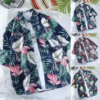 Летняя рубашка для пар с принтом ананаса с короткими рукавами в тропическом стиле Гавайи Свободный однобортный отложной воротник Быстросохнущий пляжный топ средней длины для отдыха M синий