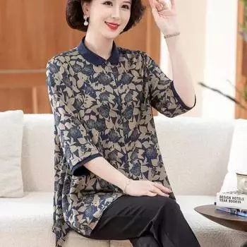 Летняя рубашка для женщин среднего и пожилого возраста, свободная летняя рубашка больших размеров с принтом, футболка с семью рукавами XXXXXL