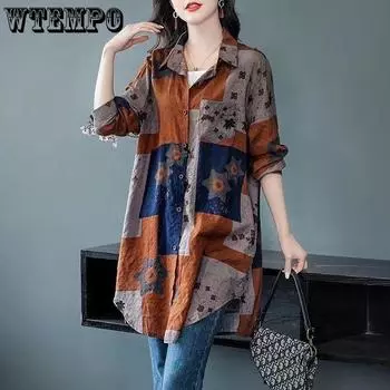 Летняя рубашка Ice Silk Thin средней длины, женская свободная футболка, повседневная клетчатая рубашка с принтом и длинным рукавом M