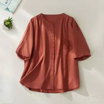 Летняя рубашка из хлопка и льна со средними рукавами, кардиган для женщин, объемный карман с крючками и цветком, рубашка с короткими рукавами, топы, блузки и рубашки M оранжевый