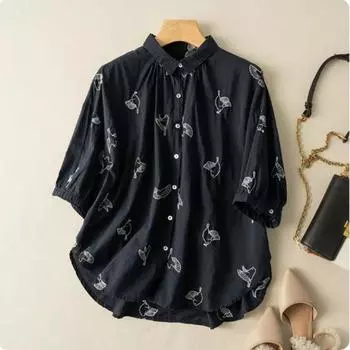 Летняя рубашка из хлопка и льна с художественным принтом и лацканами для женщин, блузки M белый