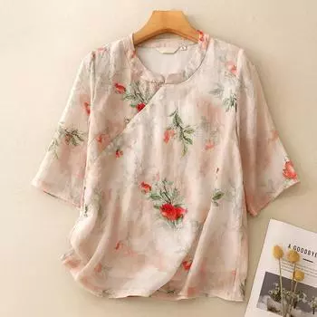 Летняя рубашка из хлопка и льна в китайском стиле с воротником-стойкой в стиле ретро и этническим принтом для женщин M