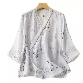 Летняя рубашка из хлопка и льна в китайском стиле с воротником-стойкой в стиле ретро и этническим принтом для женщин M