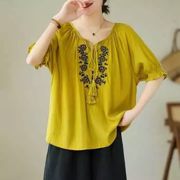 Летняя рубашка из хлопка и льна Tencel с художественной отделкой в стиле ретро, прочная, с вышивкой, круглым вырезом и шнуровкой M