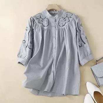 Летняя рубашка из хлопка и льна, женская, стоячий воротник, рукава-фонарики, вышитая, резная, свободная, повседневная, модная M белый