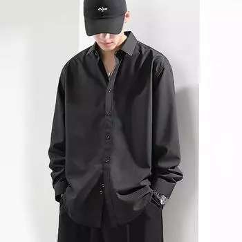 Летняя рубашка из ледяного шелка, мужская белая повседневная рубашка с длинным рукавом, свободного большого размера, драпирующаяся, 2025, высококлассная дюймовая рубашка, тонкий стиль M чёрный