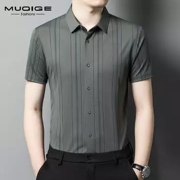 Летняя рубашка из ледяного шелка, мужская тонкая немаркая эластичная рубашка с короткими рукавами, свободные повседневные модные топы с половиной рукавов, летняя одежда M