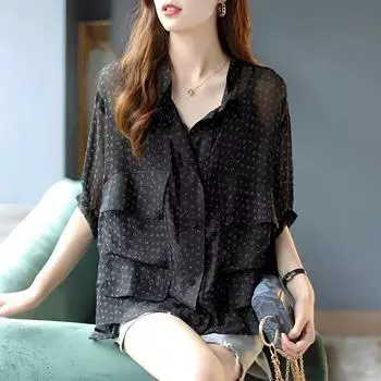 Летняя рубашка из шифона с рукавом пять четвертей и курткой с буквенным принтом, свободная и тонкая одежда для защиты от солнца, женская рубашка с короткими рукавами M чёрный