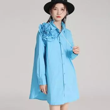 Летняя рубашка Johnature с трехмерным цветком и длинным рукавом, женские модные универсальные длинные женские топы M синий