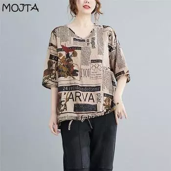 Летняя рубашка MOJTA с v-образным вырезом, свободная футболка большого размера, женский топ с геометрическим принтом
