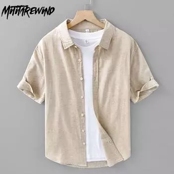 Летняя рубашка Мужская повседневная рубашка с коротким рукавом Однотонная рубашка с отложным воротником из хлопка и льна Мужские топы Простой стиль Мужская одежда Дышащая M белый
