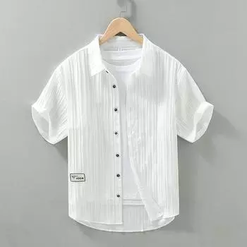 Летняя рубашка мужская с короткими рукавами из тонкого шелкового фактурного кардигана свободного покроя, белая рубашка XXXL белый