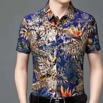 Летняя рубашка, новый стиль, для мужчин среднего возраста, с короткими рукавами, с принтом и лацканами, повседневная рубашка с цветочным принтом M