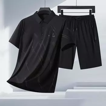 Летняя рубашка поло Ice Silk с лацканами, мужская футболка с короткими рукавами и шорты, комплект, быстросохнущий XXXXL