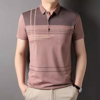 Летняя рубашка поло, мужская повседневная футболка с короткими рукавами, лацкан, полосатая футболка с настоящим карманом, средний размер, папа-топ M