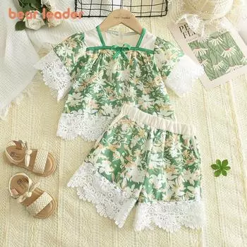 Летняя рубашка с цветочным принтом и кружевными рукавами Bear Leader + шорты, комплект из двух предметов для девочек, детская модная одежда для детей 3-7 лет, AZ3731 3T
