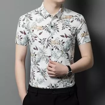 Летняя рубашка с цветочным принтом, мужская рубашка с короткими рукавами и этническим цветочным принтом, тонкая рубашка с половиной рукава M