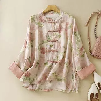 Летняя рубашка с длинными рукавами из хлопка и льна в китайском стиле в стиле ретро, с накладными пуговицами и воротником-стойкой в литературном стиле для женщин XXL розовый