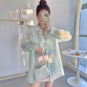 Летняя рубашка с длинными рукавами, женская струящаяся марлевая рубашка с принтом лица, молодежная и стильная рубашка-поло, солнцезащитная рубашка, женский топ S светло-зеленый