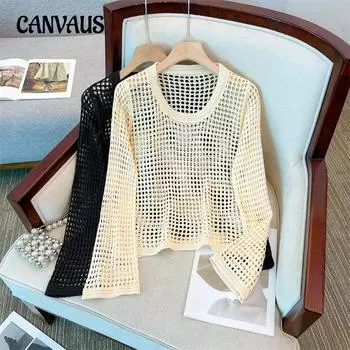 Летняя рубашка с дырками, свободная толстовка с капюшоном, круглый вырез, трикотажная рубашка, ажурные солнцезащитные топы с длинными рукавами One Size чёрный