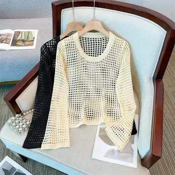 Летняя рубашка с дырками, свободная толстовка с капюшоном, круглый вырез, трикотажная рубашка, ажурные солнцезащитные топы с длинными рукавами One Size чёрный