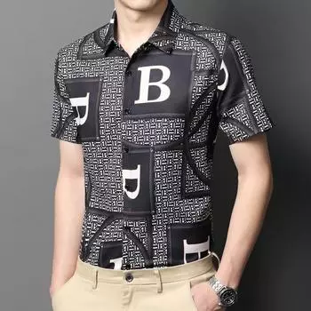 Летняя рубашка с коротким рукавом, рубашка с цветочным принтом, рубашка с лацканами, не требующая глажки, мужская пляжная одежда для мужчин среднего возраста, рубашка M чёрный