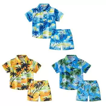 Летняя рубашка с короткими рукавами для мальчиков от 2 до 14 лет, топ и шорты, гавайский пляжный костюм с принтом кокосовой пальмы, праздничный стиль 120