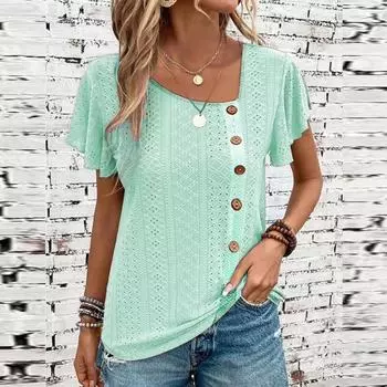 Летняя рубашка с косым воротником, повседневная блузка на пуговицах, женская 2023, свободная женская футболка с вырезами, элегантные однотонные топы Mujer 28334 S фиолетовый