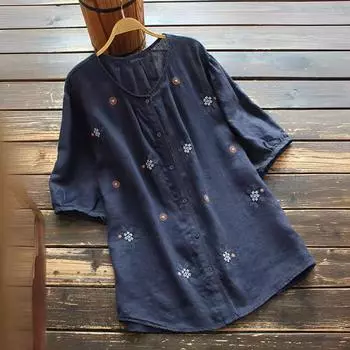 Летняя рубашка с круглым вырезом, белая, желтая, синяя с цветочной вышивкой, женские повседневные свободные блузки на пуговицах S темно-синий
