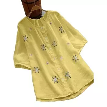 Летняя рубашка с круглым вырезом, белая, желтая, синяя с цветочной вышивкой, женские повседневные свободные блузки на пуговицах S темно-синий