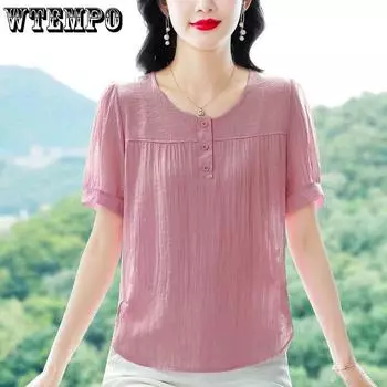Летняя рубашка с круглым вырезом для женщин Футболка с короткими рукавами Ice Silk Свободная футболка для мам для женщин Футболка с короткими рукавами M