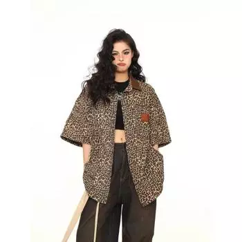 Летняя рубашка с леопардовым принтом, женская европейская и американская уличная стильная шикарная повседневная рубашка, модная женская укороченная рубашка с коротким рукавом S дубильная кора