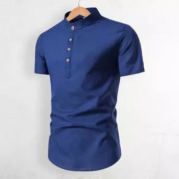 Летняя рубашка с модными пуговицами, дышащая формальная мужская верхняя одежда L темно-синий