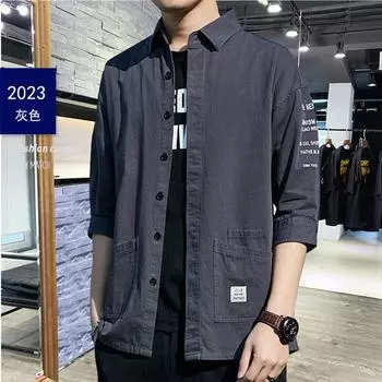 Летняя рубашка с семью рукавами, мужская, с коротким рукавом, в корейском стиле, модная, красивая, с коротким рукавом, рабочая одежда, рубашка со средним рукавом, свободное повседневное пальто M