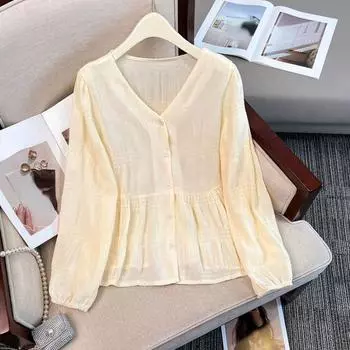 Летняя рубашка с v-образным вырезом, плиссированные модные тонкие женские блузки S чёрный