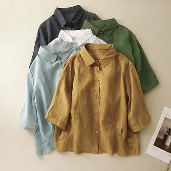 Летняя рубашка с воротником в стиле ретро и однотонным принтом для женщин M жёлтый