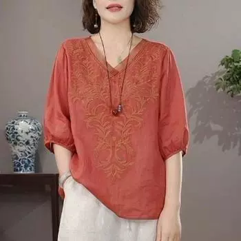 Летняя рубашка со средними рукавами для мам. Женская летняя тонкая стильная вышитая рубашка. XXXXXL белый