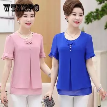 Летняя рубашка среднего возраста, женский топ, большая летняя женская свободная футболка среднего возраста, шифоновая рубашка с короткими рукавами XXXXL красный