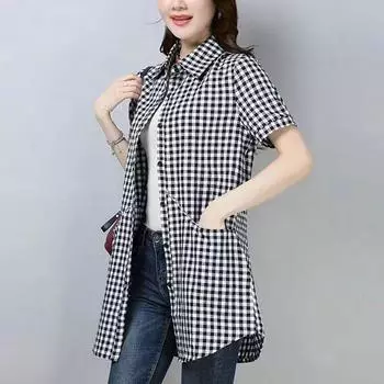 Летняя рубашка свободного кроя из хлопка в клетку в стиле ретро с карманами, длинными/короткими рукавами L; short sleeves красный