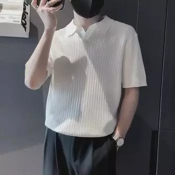 Летняя рубашка свободного кроя с V-образным вырезом и коротким рукавом для молодых мужчин — стиль для зрелых людей, высокое качество. XL абрикосовый