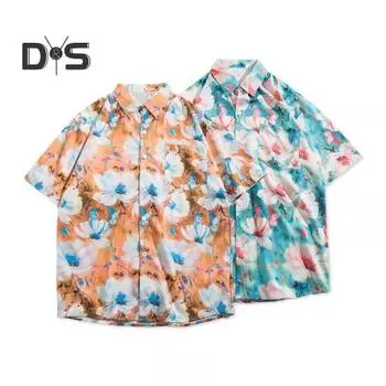 Летняя рубашка унисекс Красочный цветочный принт с короткими рукавами Тропический стиль Гавайи Свободный однобортный отложной воротник Быстросохнущий Мягкий дышащий Средний M розовый