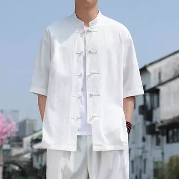 Летняя рубашка в китайском стиле с диском на пуговицах и рукавом три четверти, мужская повседневная рубашка с воротником-стойкой, однотонная рубашка больших размеров S белый