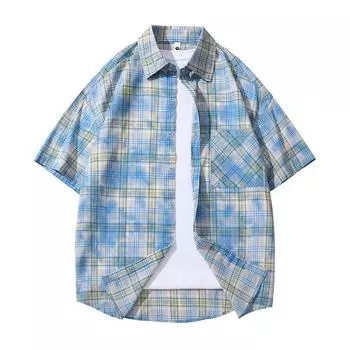 Летняя рубашка в клетку из чистого хлопка для пары, повседневная, с коротким рукавом, универсальная, свободного кроя, с рукавом до локтя XL синий