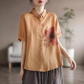 Летняя рубашка в стиле ретро из хлопка и льна с крупным цветочным принтом, утягивающая рубашка с короткими рукавами, женская рубашка, топ Блузки и рубашки M белый
