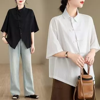 Летняя рубашка в стиле ретро с однотонным принтом и короткими рукавами, диагональной планкой и пряжкой, художественный повседневный топ, блузки и рубашки L чёрный