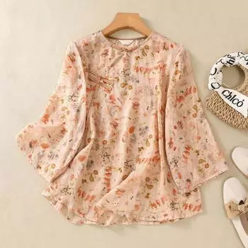 Летняя рубашка в стиле ретро в китайском стиле с принтом в виде дзен-жемчужин и пуговицами, с диагональным воротником для женщин M зелёный