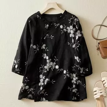 Летняя рубашка в стиле ретро в китайском стиле с диагональными пуговицами и тяжелой вышивкой, женская одежда Large size L абрикосовый