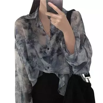 Летняя рубашка женщины супер фея галстук dyed длинный рукав Loose Дамы блузки Топы L