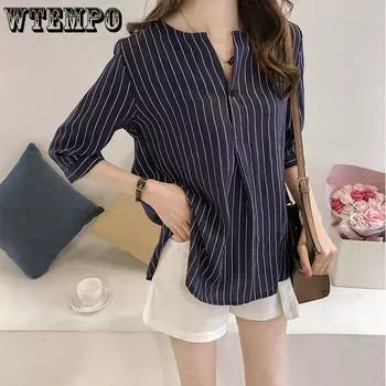 Летняя рубашка, женская корейская футболка с рукавами четверти, большой размер, футболка с круглым вырезом, полосатая рубашка, женская шифоновая рубашка M белый