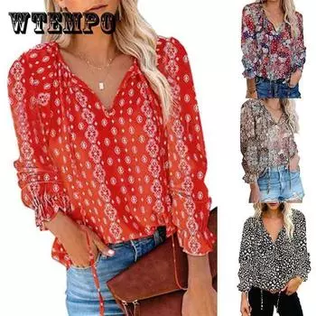 Летняя рубашка женская шифоновая рубашка с сломанным цветочным принтом женская футболка с v-образным вырезом и длинными рукавами XXL